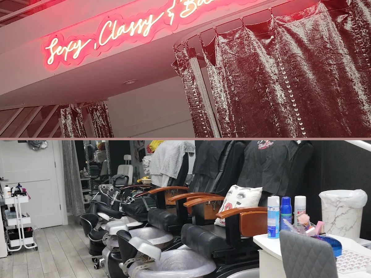 Manicure area with tools, polish, and tidy counters.